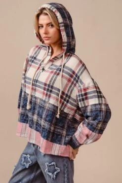 BiBi Drawstring Plaid Drop Shoulder Hoodie -Little Loom Store cac5422f bd45 491b 9783 8e99ef9cf6cc Min