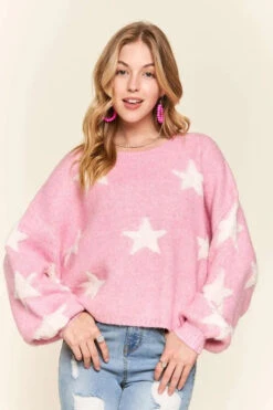 ADORA Full Size Star Contrast Round Neck Sweater Plus Size