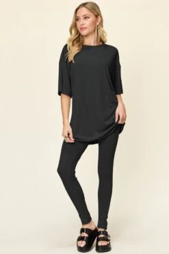 Double Take Full Size Round Neck Dropped Shoulder T-Shirt And Leggings Set