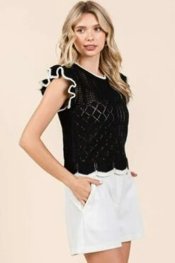 Mittoshop Openwork Contrast Trim Ruffled Cap Sleeve Knit Top -Little Loom Store ce1805c8 e2d2 495b b93c 87a0684c31ec Min