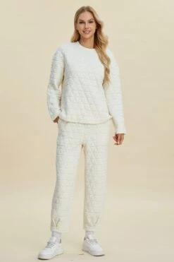 Double Take Full Size Texture Round Neck Long Sleeve Top And Pants Set