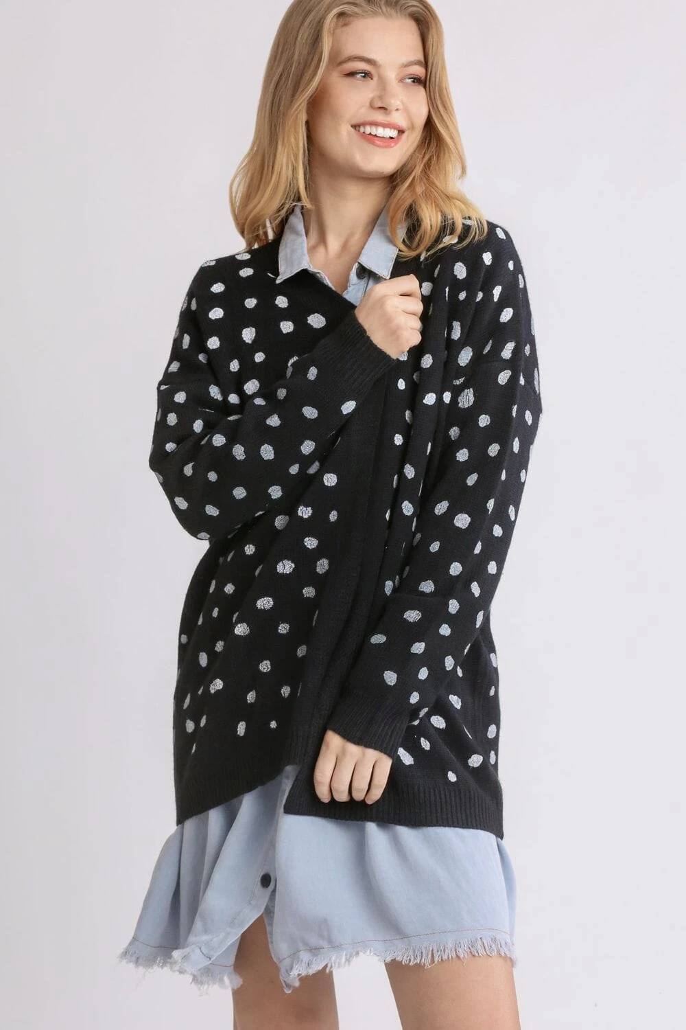 Umgee Polka Dot Open Front Drop Shoulder Cardigan 3 Umgee Polka Dot Open Front Drop Shoulder Cardigan