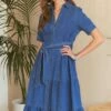 ADORA Tiered Button Down Tie Waist Short Sleeve Denim Dress 1 ADORA Tiered Button Down Tie Waist Short Sleeve Denim Dress -Little Loom Store d2fef5ed dd02 4b8a bd7b 099de69c9c57 Min