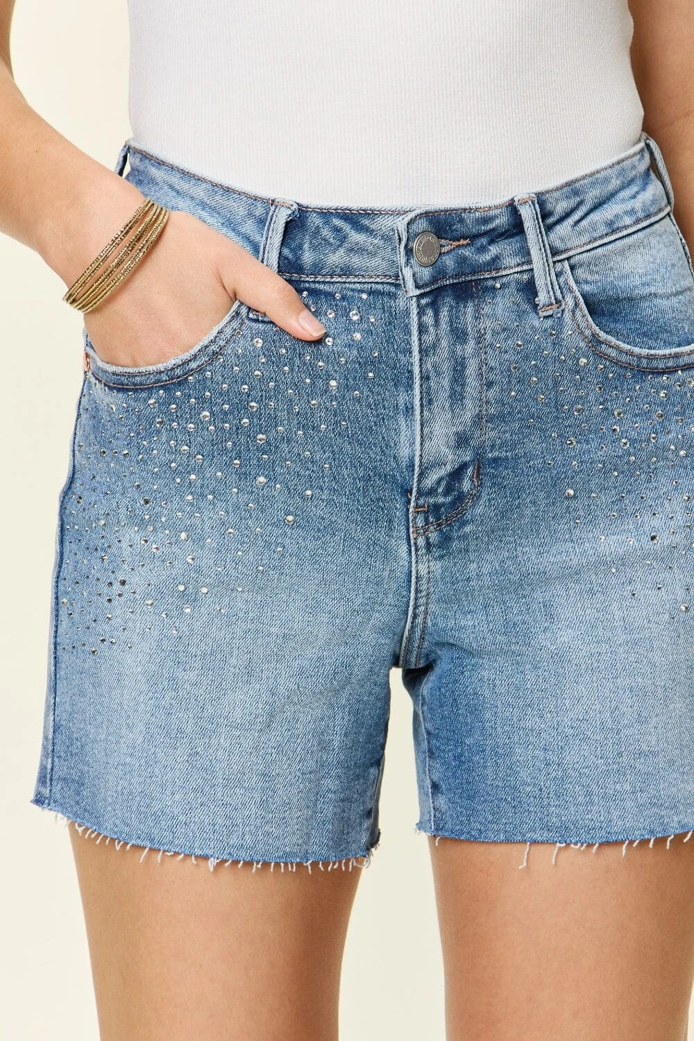 Judy Blue Full Size High Waist Rhinestone Decor Denim Shorts 8 Judy Blue Full Size High Waist Rhinestone Decor Denim Shorts - Image 6