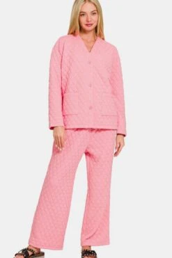 Zenana Quilted Button Up Long Sleeve Top And Pants Lounge Set