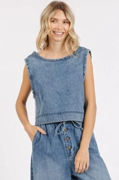 Mittoshop Washed Denim Distressed Detail Crop Tank