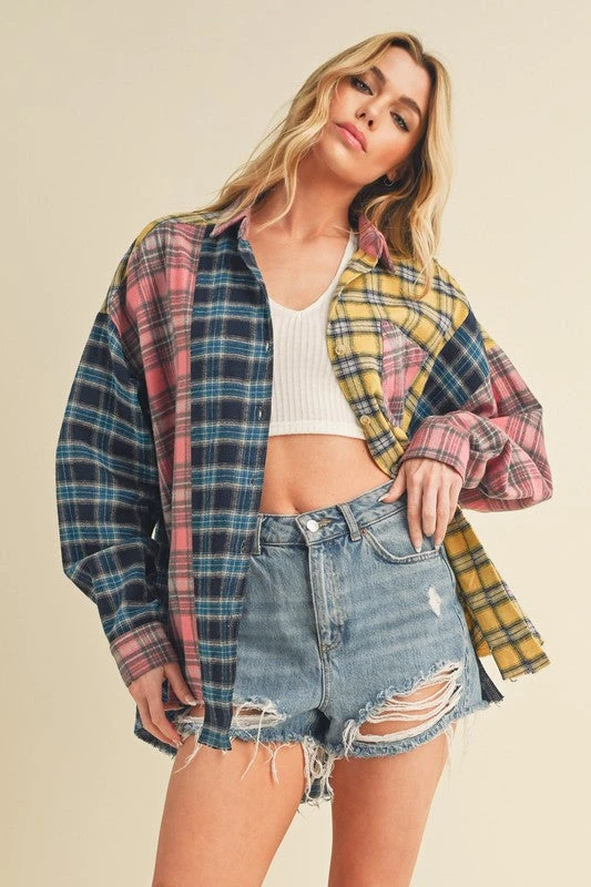 Aemi + Co Frayed Hem Color Block Plaid Drop Shoulder Shirt 6 Aemi + Co Frayed Hem Color Block Plaid Drop Shoulder Shirt - Image 4