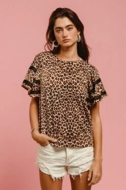 BiBi Leopard Crochet Trim Round Neck Short Sleeve Top -Little Loom Store d650d5f3 bb14 42f8 a605 35828d34831c Min