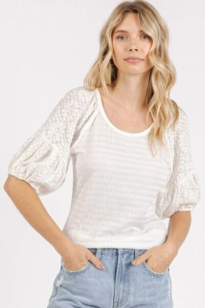 Mittoshop Mixed Media Textured Knit Popcorn Puff Sleeve Blouse 5 Mittoshop Mixed Media Textured Knit Popcorn Puff Sleeve Blouse - Image 3