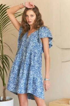 ADORA Printed V-Neck Ruffle Sleeve Mini Dress -Little Loom Store da08a6ba f238 4e35 aec2 bd0ee9ba4255 Min