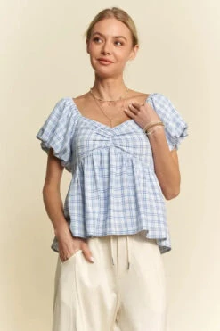 Davi & Dani Plaid Puff Sleeves Ruffled Smocked Blouse -Little Loom Store db748f4e273c4717ac1ab4e733cffd86 Max Origin