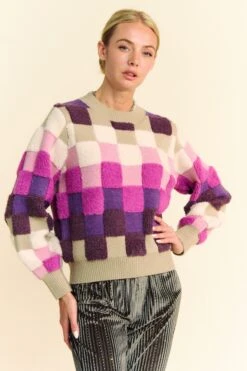 Davi & Dani Checkered Round Neck Long Sleeve Sweater -Little Loom Store dbc56093 0acc 4142 ade2 2fc9287bcd2a Max