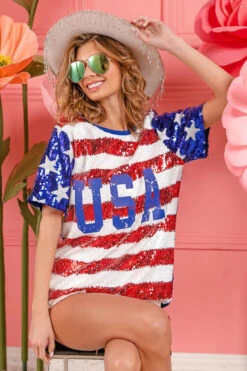 BiBi American Flag Theme USA Lettering Sequin Top -Little Loom Store dbfaf7ddbade4473a0df96fadbae305d Max Origin