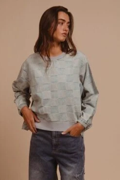 BiBi Mineral Washed Checkered Round Neck Denim Top -Little Loom Store e05ca40a 3648 43a6 a6cb c44c2f2ce124 Min