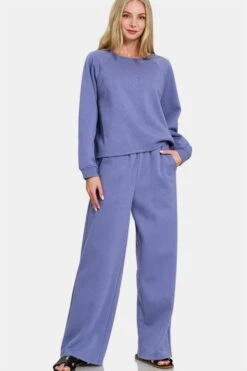 Zenana Round Neck Raglan Sleeve Top And Elastic Waist Pants Set