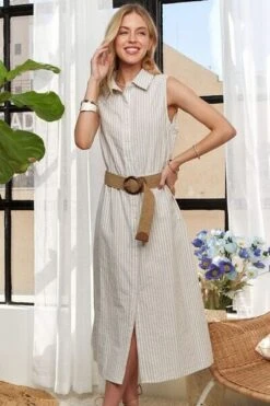 ADORA Striped Button Down Sleeveless Midi Dress -Little Loom Store e98b7b36 f1b9 4208 b622 22c0a1f94203 Min