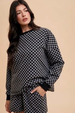 Annie Wear Checkered Round Neck Top And Drawstring Shorts Set