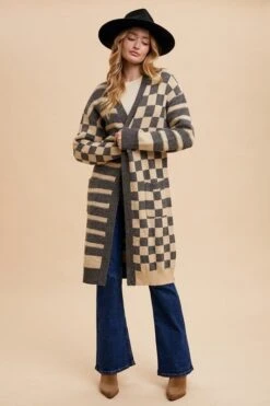 Annie Wear Checkered & Striped Open Front Long Sleeve Cardigan -Little Loom Store ecb36329 926a 4070 8f59 4ef5f387a308 Max