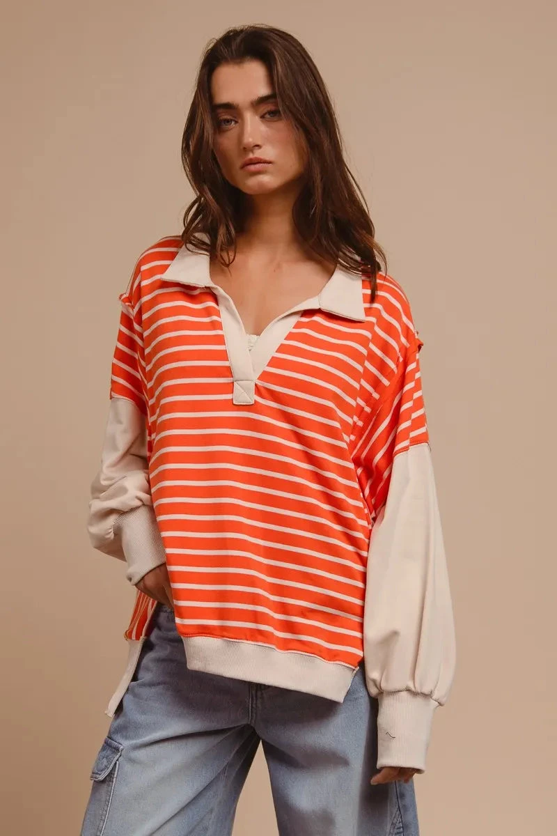 BiBi Stripe Knit Loose Fit Top With Cut Edge Detail 3 BiBi Stripe Knit Loose Fit Top With Cut Edge Detail