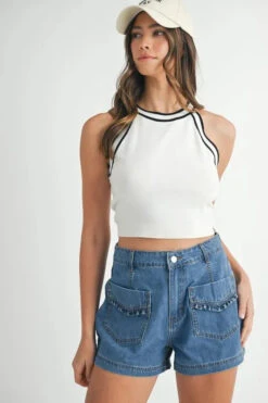 MABLE Contrast Trim Grecian Neck Cropped Tank