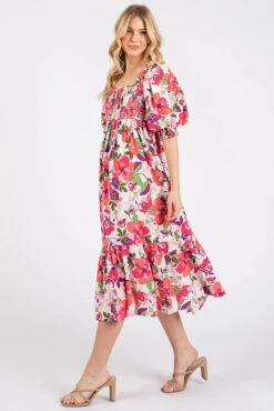 Mittoshop Flower Print Puff Sleeve Ruffle Smocked Midi Dress