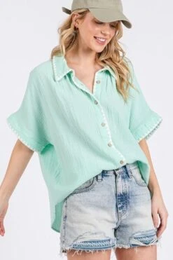 SAGE+FIG Boho Contrast Zigzag Trim Gauze Button-Up Shirt -Little Loom Store f3164ff7 3c1c 4035 a581 0a701eacebbf Min