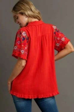 Umgee Full Size Linen Shirt With Embroidered Sleeves Plus Size -Little Loom Store fa08799c 023e 45a8 ad7a 04eb22037f21 Min