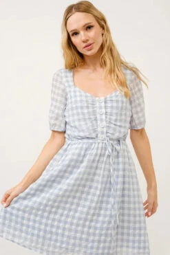 And The Why Puff Sleeve Ruched Button Front Gingham Dress