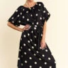 Davi & Dani Polka Dot Puff Sleeves Waist Tie Midi Dress