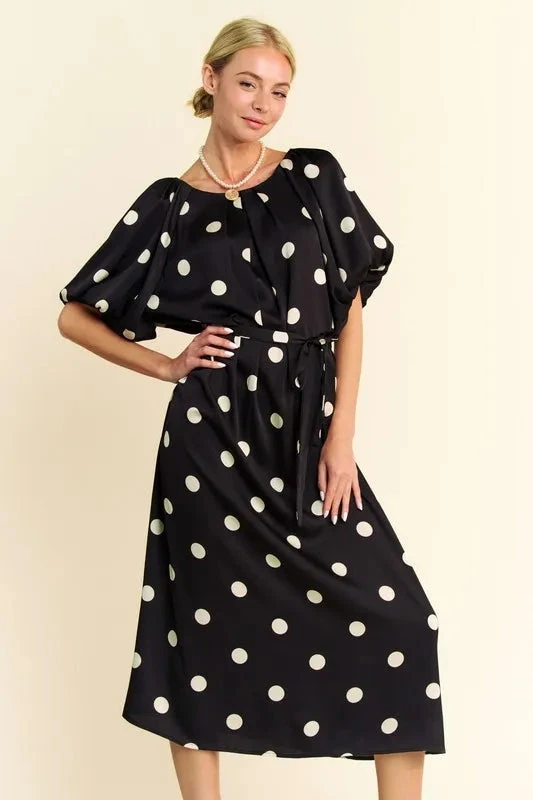 Davi & Dani Polka Dot Puff Sleeves Waist Tie Midi Dress 3 Davi & Dani Polka Dot Puff Sleeves Waist Tie Midi Dress