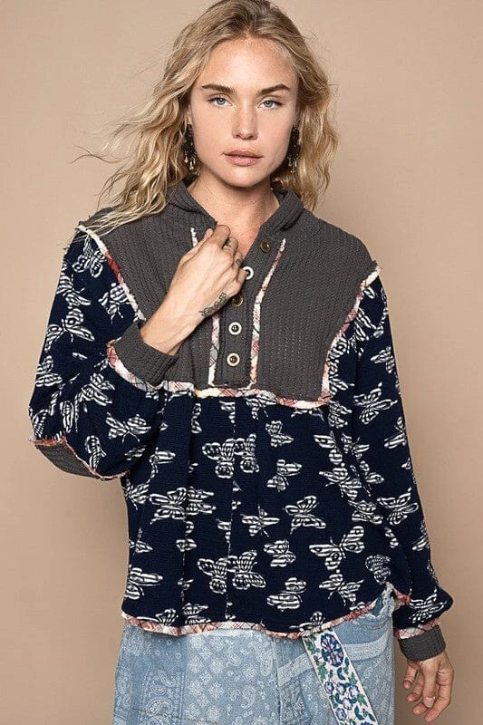 POL Butterfly Waffle-Knit Half Button Hooded Knit Top 3 POL Butterfly Waffle-Knit Half Button Hooded Knit Top